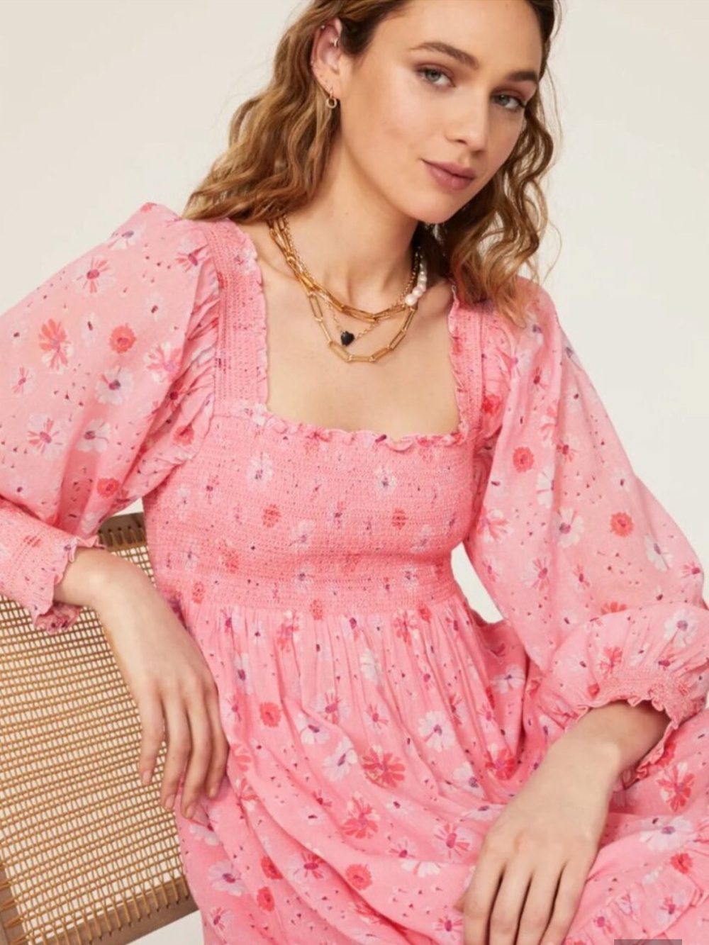 LoveShackFancy Miri Dress Coral Blaze Pink Floral Smocked Ruffled Hem Womens XL - Picture 3 of 16